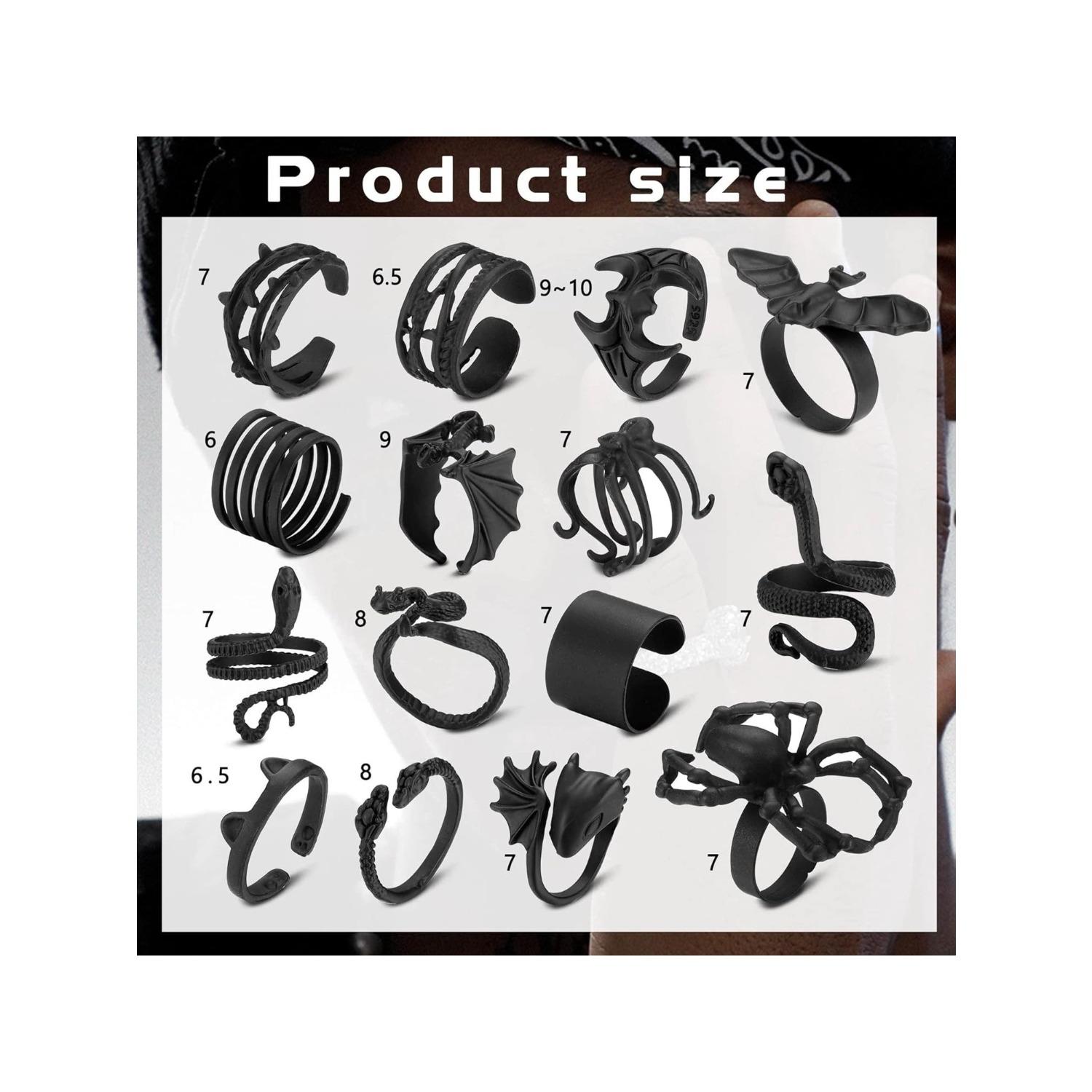 15 Pcs Black Rings Set for Women Girls Snake Bat Devil Wing Spider Rose Cool Punk Gothic Rings Stacking Vintage Midi Black Adjustable Rings