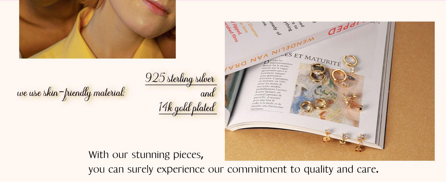 Sterling Silver Post Earrings for Women - Hypoallergenic Cartilage Earrings Dainty 14K Gold Plated Stud Huggie Hoop Earrings Dangle Chain Earrings Gold Plated Jewelry Earrings Set