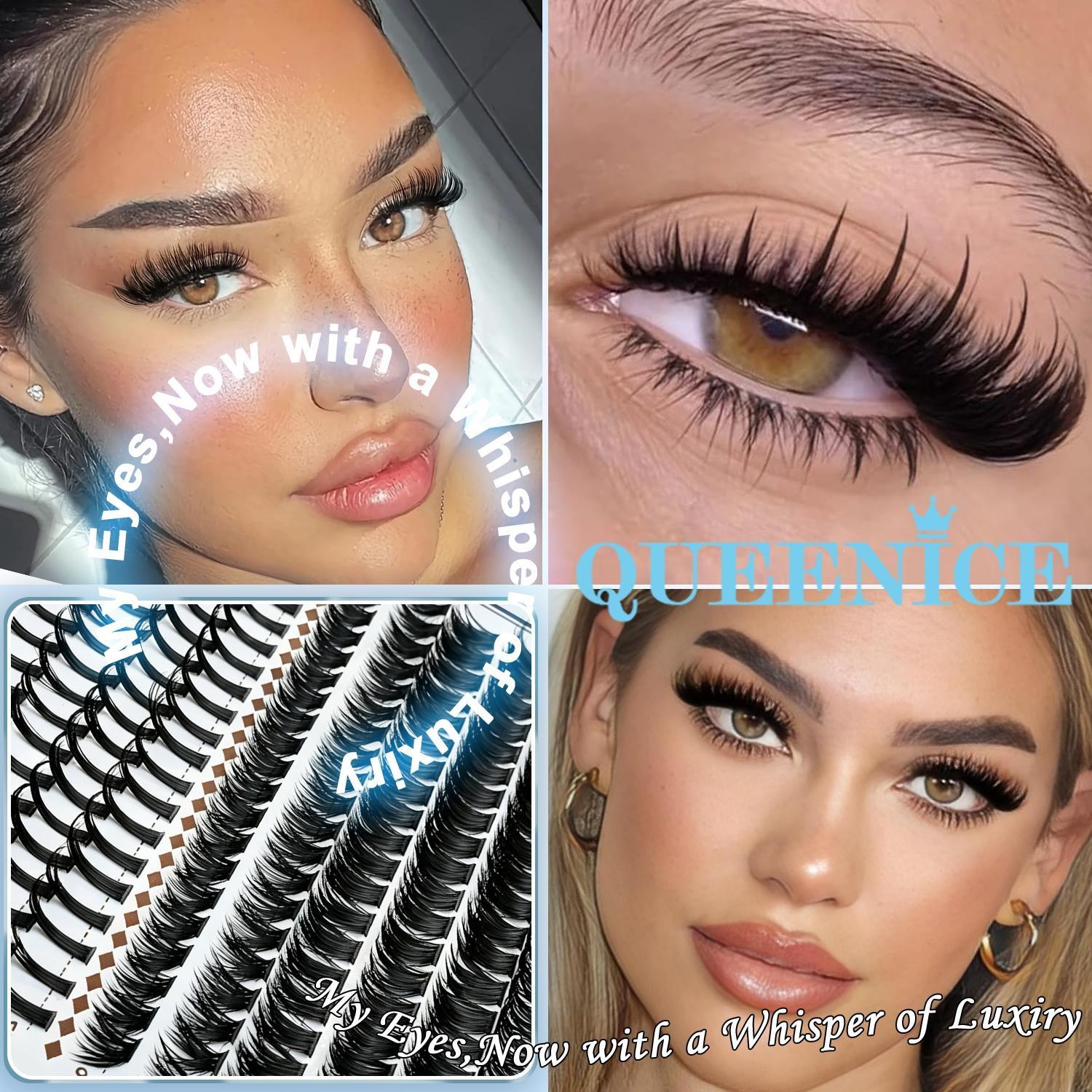 Queenice Lash Clusters Kit, Eyelash Extensions Set, 80D 100D 120D Spikes, D Curvature, Lash Bond, Eyelash Glue Tweezers, Brush, DIY at Home