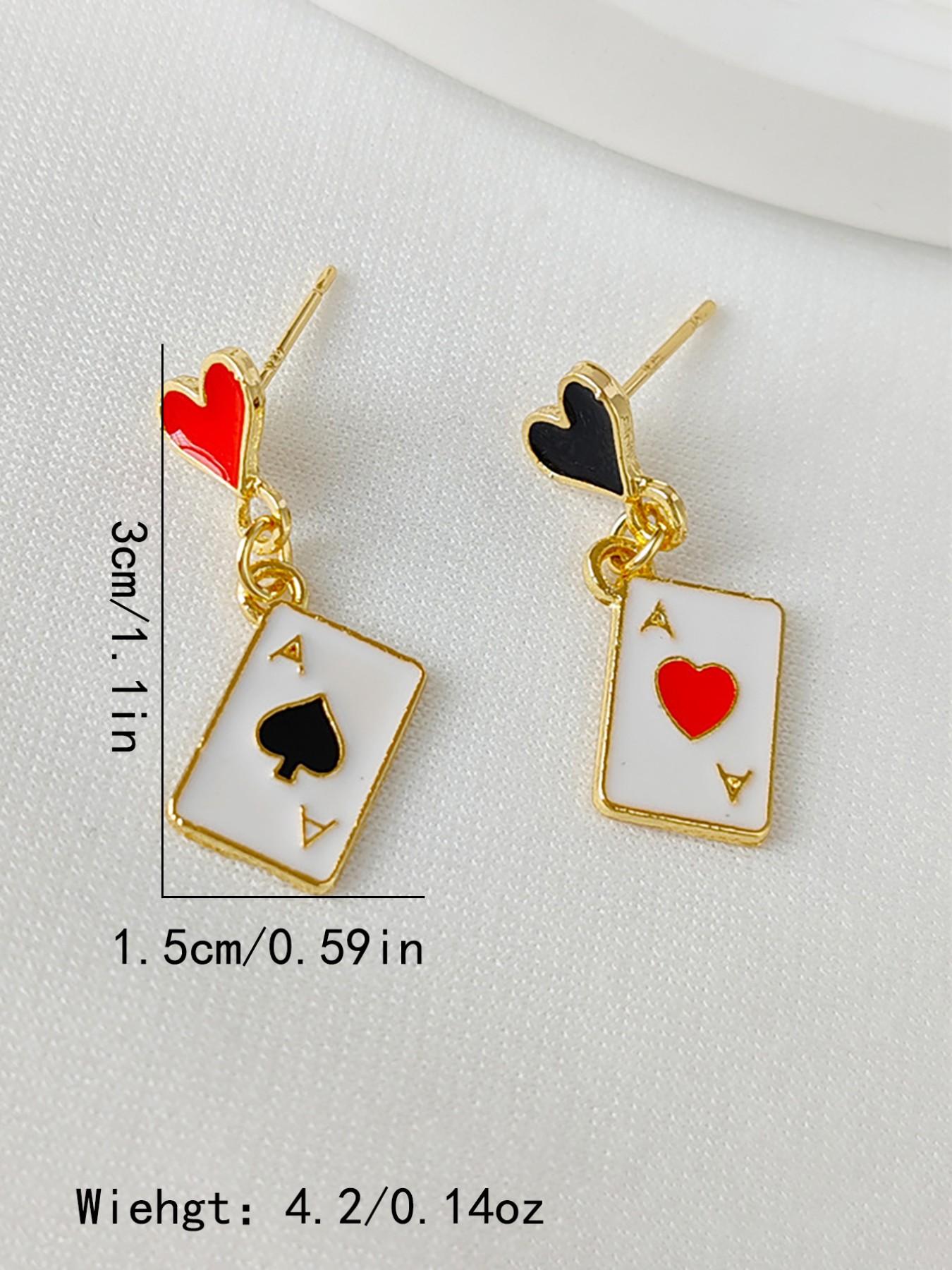 Heart Poker Card Pendant Earrings, Asymmetric Poker Card Drop Earrings, Unique Women's Party Jewelry, Fashionable Ear Studs