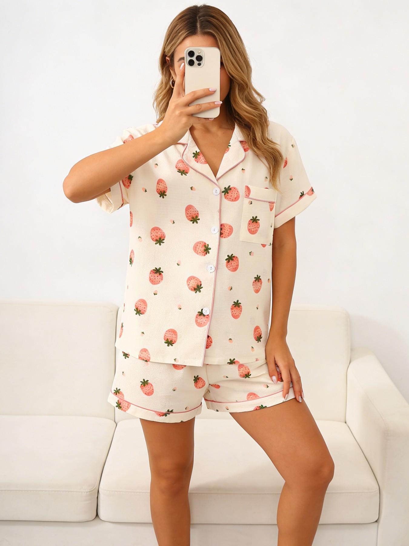 Women's Short Sleeve Button Down Top and Shorts Pajama Set, Spring Summer Wear, For Cute Sweet Girls, Cream Base Pink Strawberry Print, Classic Lapel Collar, Loose Vitality Fit, Comfortable For Home & Gatherings