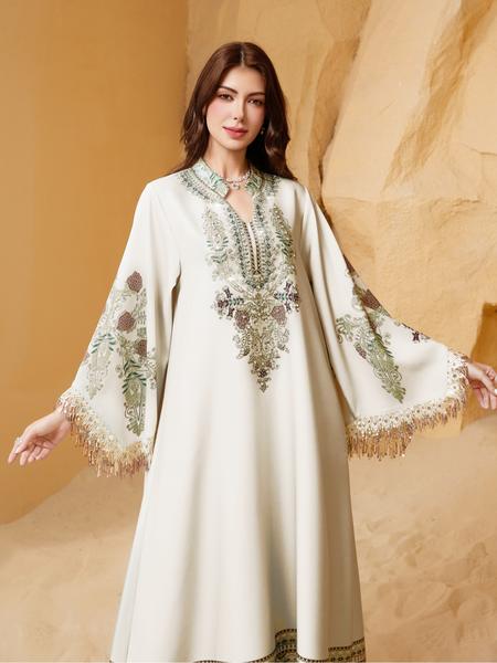 Women's Elegant Long Dress, Loose Fit Ethnic Print, Lace-Up Design, All-Season Wear, Perfect for Evening Occasions & Special Events