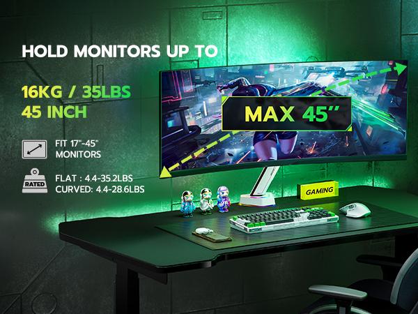 ARES WING RGB Monitor Arm Desk Mount for 17-45 inches Flat and Curved Monitors, Holds 35.2 lbs Heavy Duty, Adjustable Ultrawide Monitor Arm with Clamp & Grommet Base, 75/100 VESA Mount Ergonomic Office