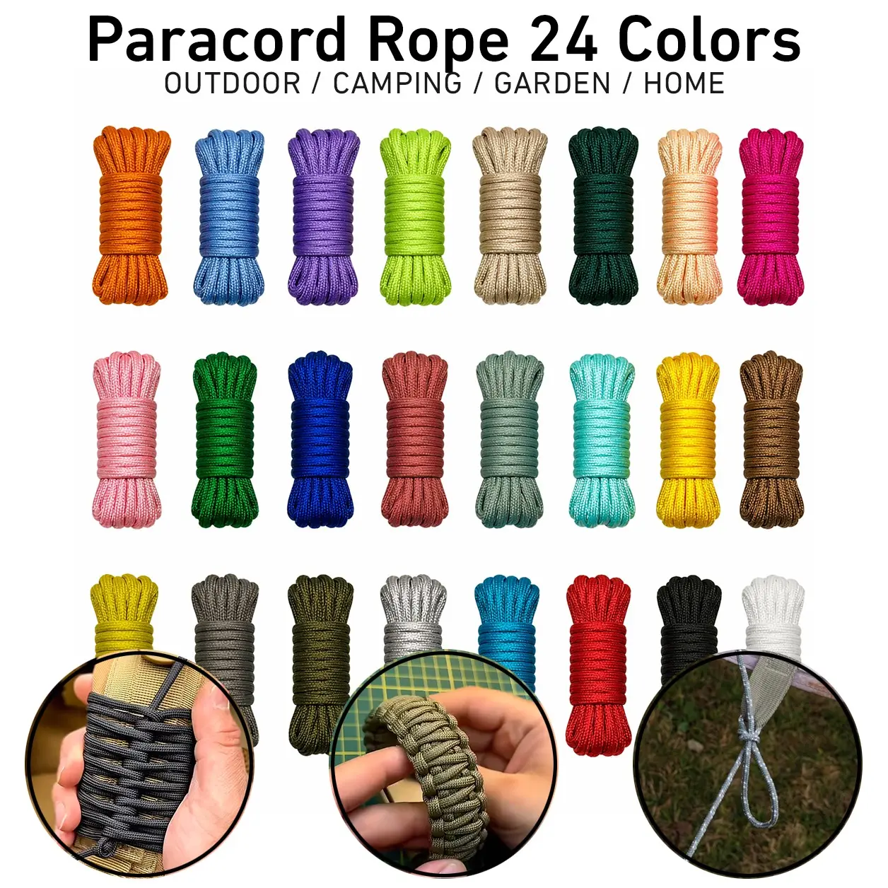 24 Colors Solid Paracord Set, Multipurpose Outdoor Parachute Cord, Synthetic Rope for Bracelet Making, Camping, Hiking, Survival & DIY Lanyards
