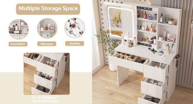 Vabches Vanity Desk with Mirror and Lights,Make Up 4 Drawers Table with Glass Door Storage Cabinet,Charger Station,3 Lighting Color Dressing Table for Bedroom,37inch