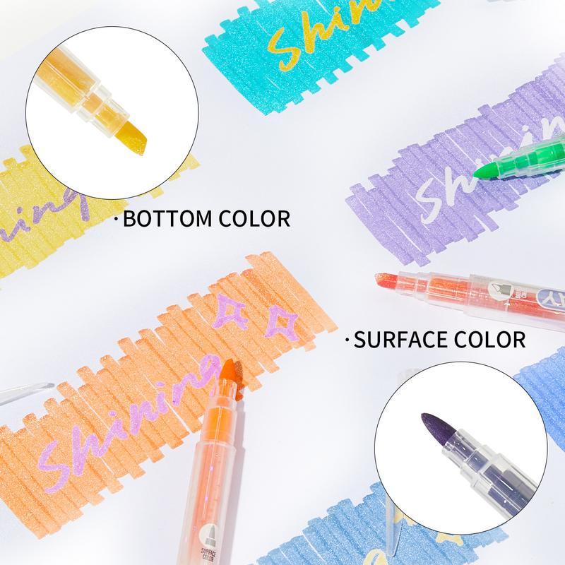 Glitter Highlighter Marker Pen, 6 Counts/set Double Color Highlighter Marker Pen, No Bleed Colors Highlighter Marker Pen for Journaling, Students School Office