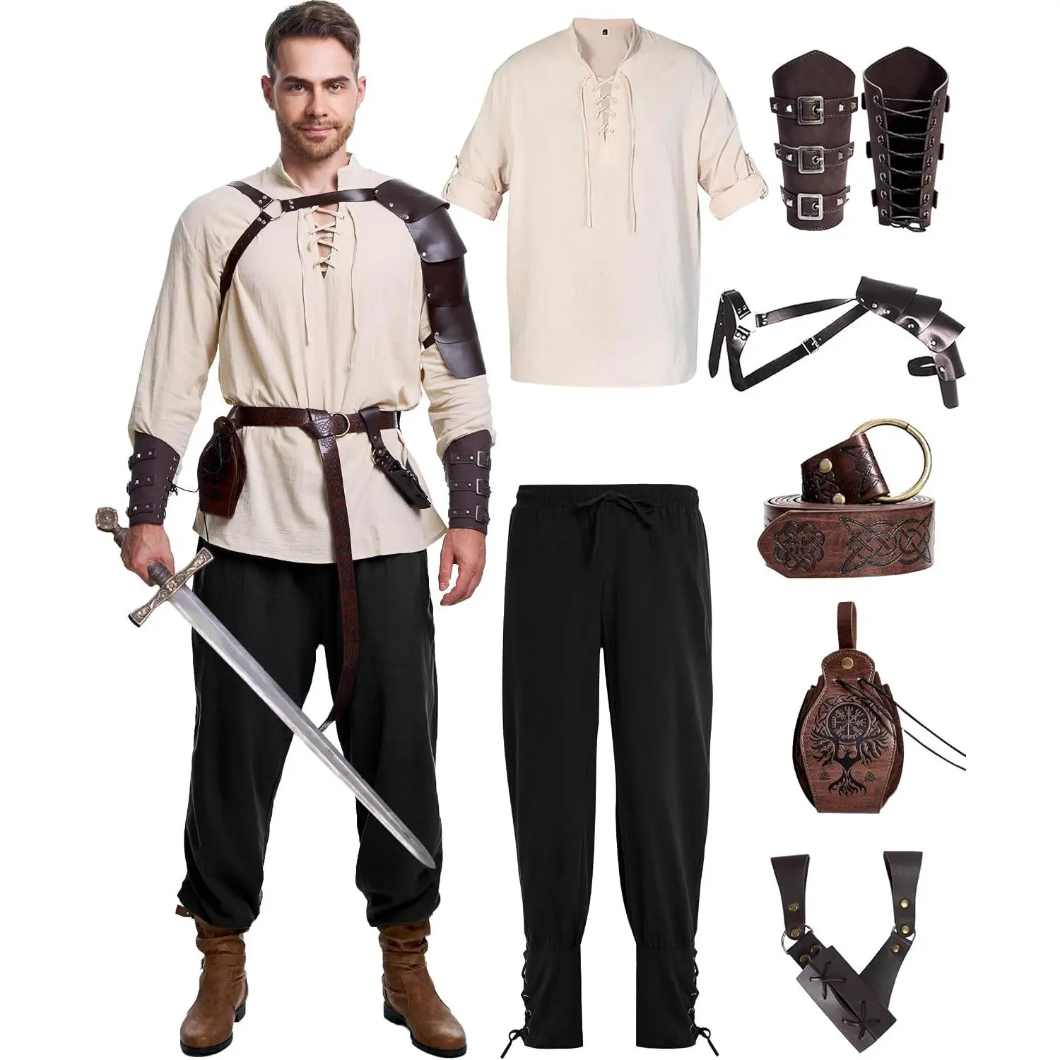 8 Pcs Men's Renaissance Medieval Pirate Viking Costume Set with Shirt Pants Accessories for Halloween(Gift)