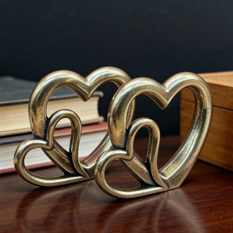 Vintage Brass Heart Fusion Ornament, European Aged Texture Heart Desktop Decor, Valentine's Day Wedding Anniversary Gift