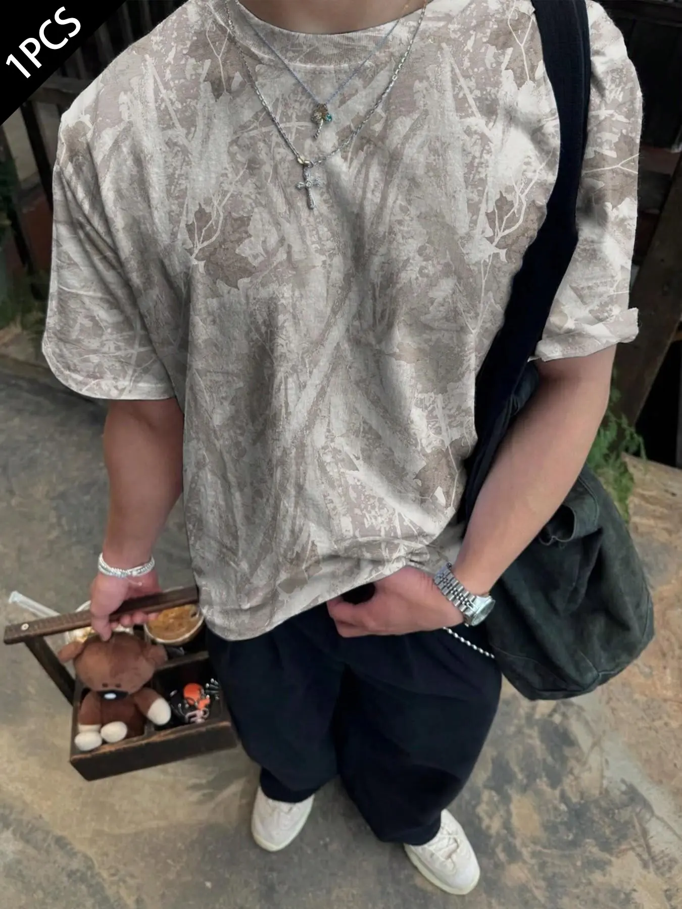 Men's Fashion Street Style Casual Camo T-Shirt, Vintage Washed Leaf Print Loose Fit Round Neck Short Sleeve Top, Soft Breathable Summer Wear