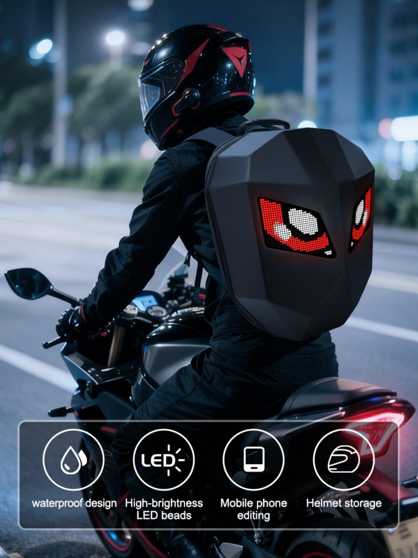 LED Motorcycle Backpack with Programmable Rider Eye and RGB Lighting, USB APP Control, Expandable Storage, Durable Design