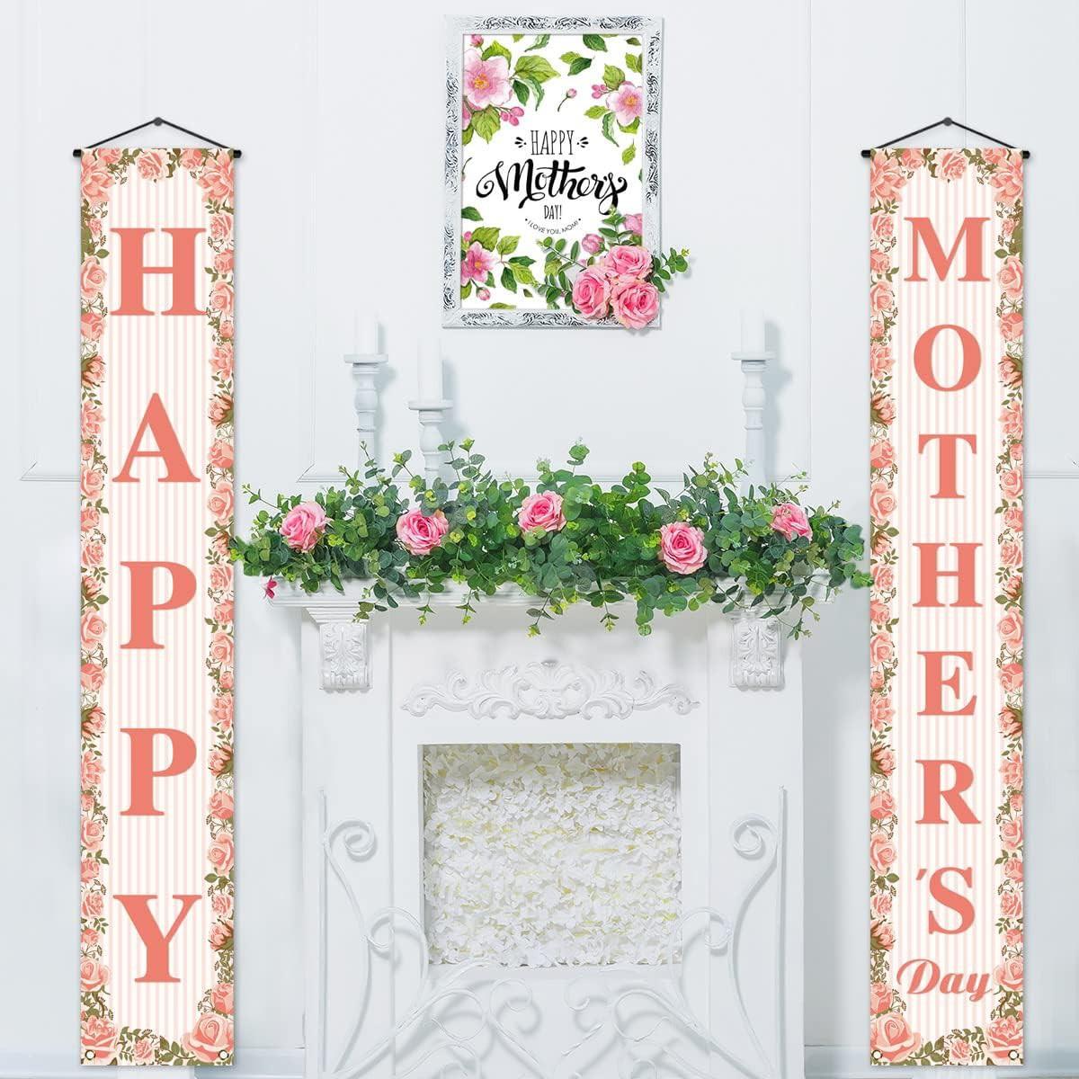 Mother's Day Porch Banner Rose Striped Outdoor Door Hanging Decoration Waterproof Durable 180x30cm, Perfect Gift for Moms