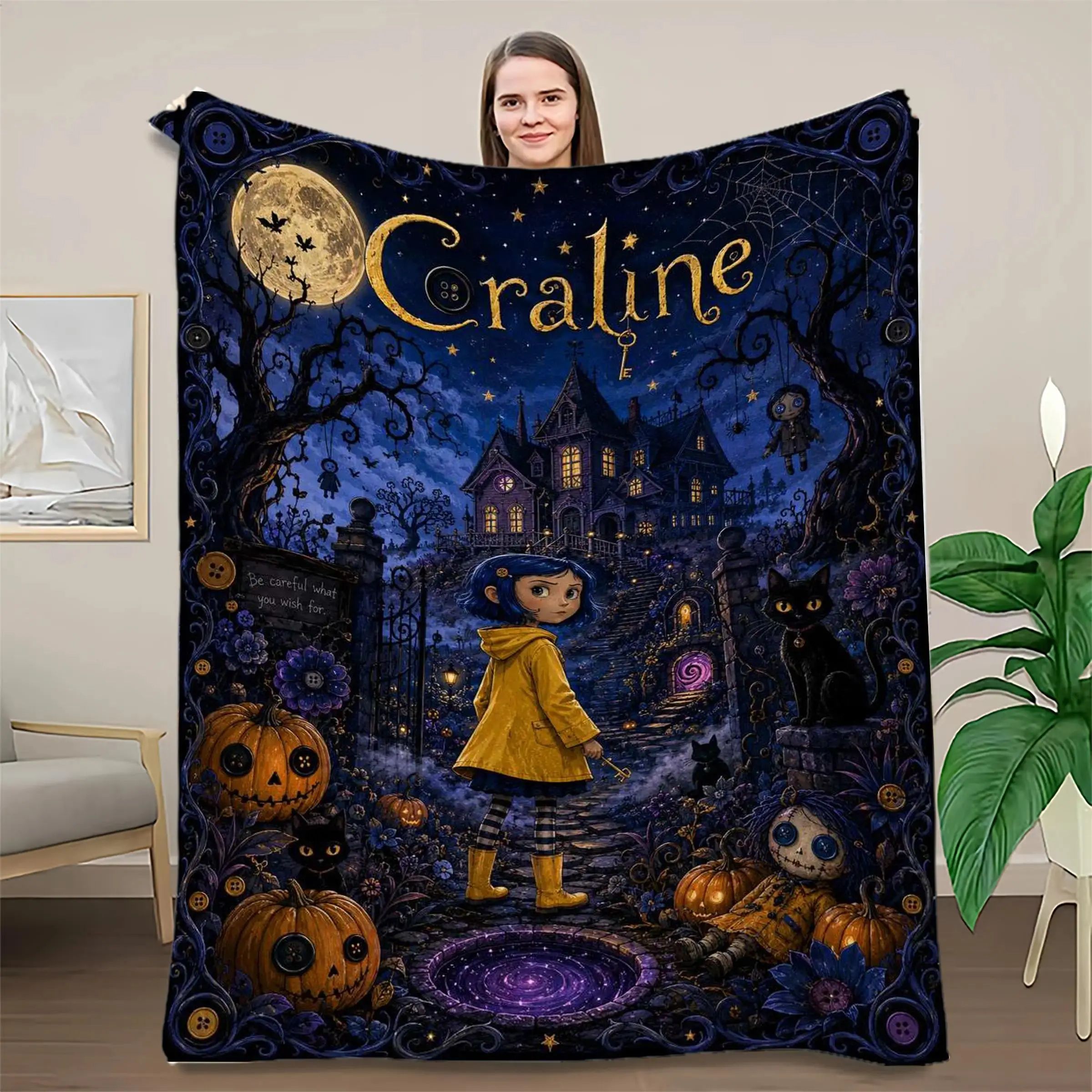 Coraline Cartoon Flannel Throw Blanket Gothic Fantasy Spooky Cute Print Soft Cozy Lightweight Warm Blanket For Bed Sofa Couch Bedroom Decor Holiday Gift