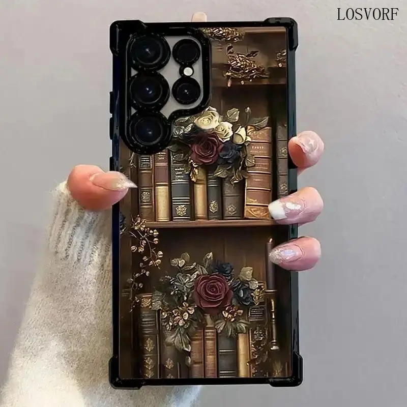 Vintage Floral Bookcase Phone Case, Luxury Designer Protection For iPhone/Samsung 17 16 15 14 12 11 X Pro Plus, Personalized Durable Accessories For Stylish Phone Users