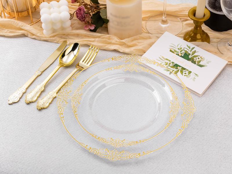 Bestluck 100PCS Clear & Gold Plastic Plates 50 Dinner 50 Dessert for Weddings Birthdays Baby Showers Christmas Anniversaries Elegant Design BPA Free Disposable Cups