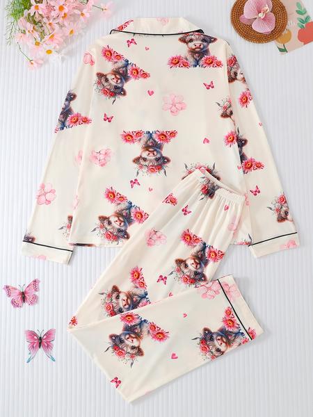 Women's Cartoon Highland Cow & Floral Print Casual Comfy Pajama Set, Lapel Long Sleeve Button-Up Top & Elastic Pants, All-Season Sleepwear