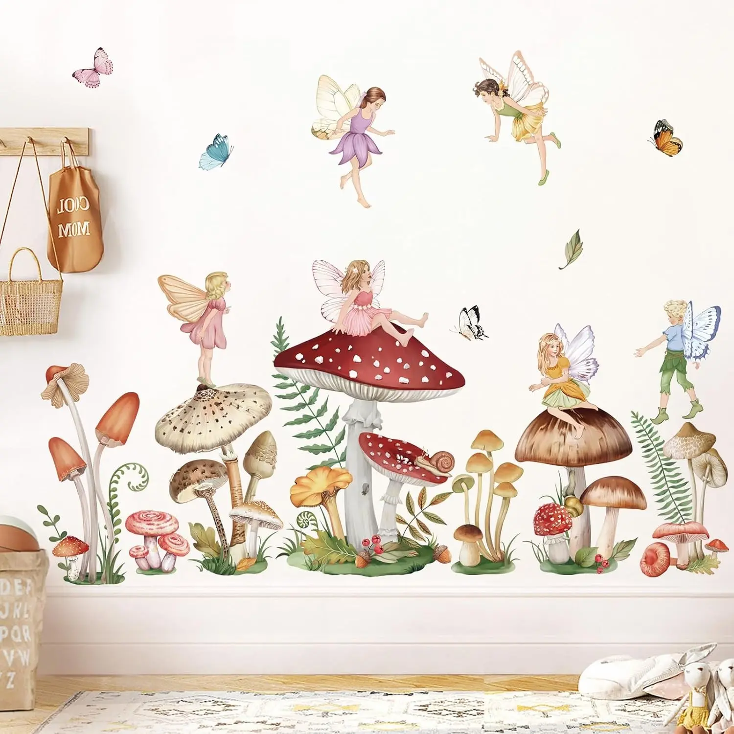 Peel and Stick Woodland Mushroom Fairy Butterfly Forest Wall Decals Art Stickers for Girls Bedroom Baby Nursery Living Room(Gift)
