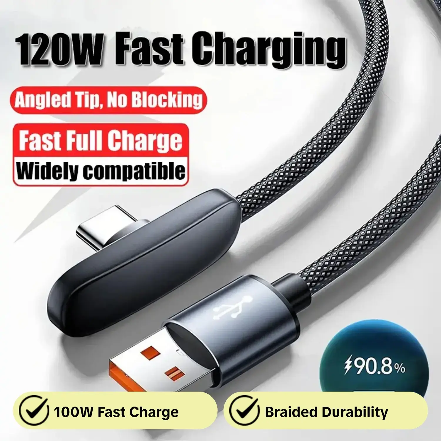 90 Degree Bent Braided Fast Charging Cable, 100w Max, 6a USB-C, Compatible with iPhone, Switch, Macbook, iPad, Xiaomi, Samsung, Huawei, USB Type C