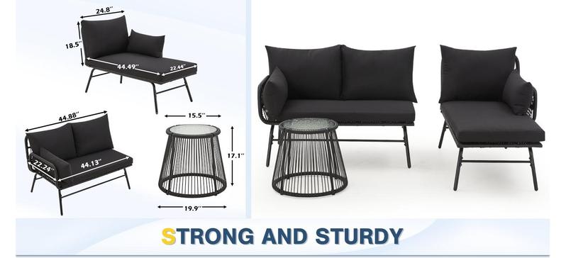 Patio Conversation Bistro Set, Outdoor All-Weather Wicker balcony Furniture with Tempered Glass Top Table Wide Ergonomic Armchairs, Seat Cushions for Porch, Backyard