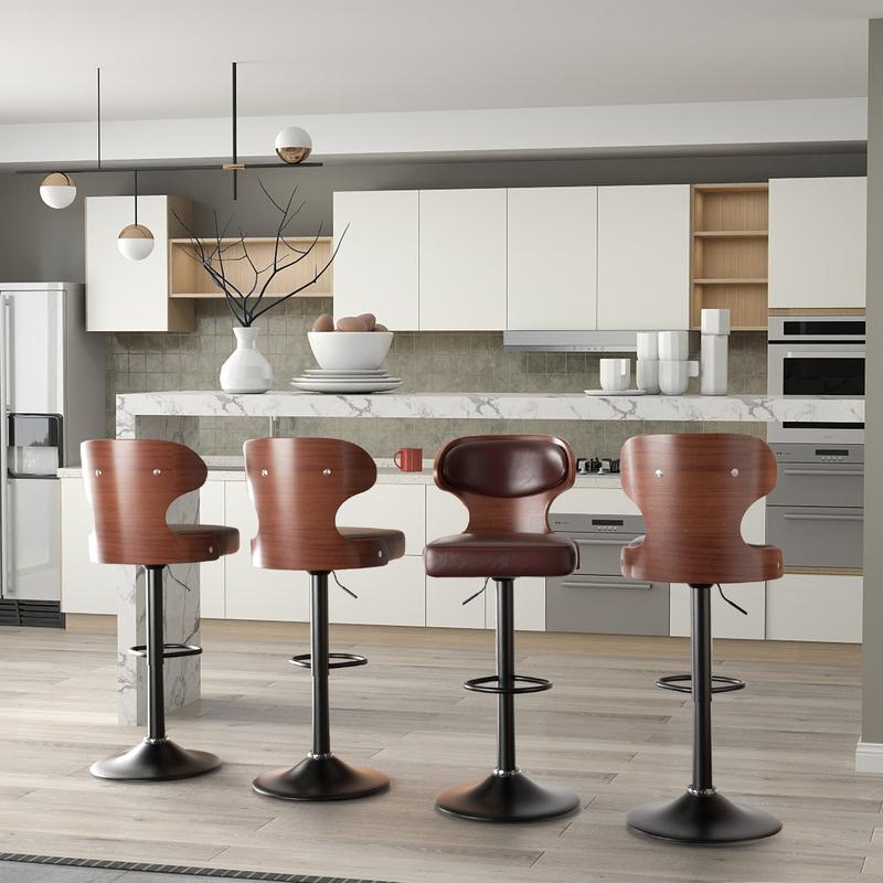 Bar Stools Seat Adjustable Height 24.5-33.5IN - Bentwood Swivel Barstools with Back & Footrest - PU Leather Upholstered Bar Chair for Bar, Kitchen, Dining Room