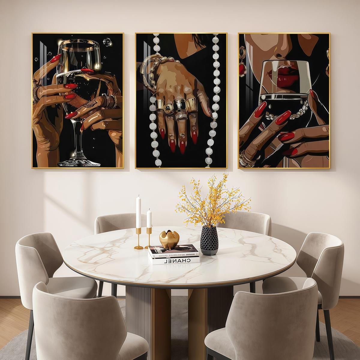 3 Counts Aluminum Alloy Framed Painting, Elegant Woman Hands With Wine Glass And Jewelry Pictures, Home Decoration For Living Room, Bedroom, Office, Restaurant, Hallway Wall Decor, Odorless Print Artwork, Luxury Perfect Gift For Friends And Family