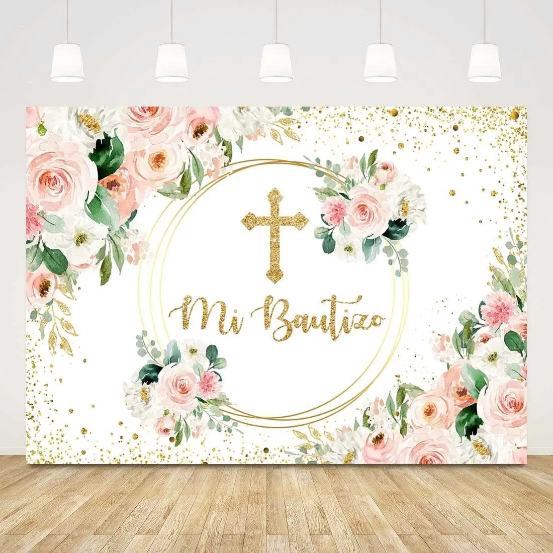 Mi Bautizo Backdrop Gold Bless Spanish Baptism Girl First Holy Communion Party Decorations Pink Floral Gold Glitter Background Christening Newborn Photo Studio Booth Props 7x5ft