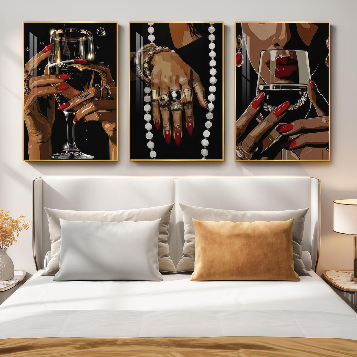 3 Counts Aluminum Alloy Framed Painting, Elegant Woman Hands With Wine Glass And Jewelry Pictures, Home Decoration For Living Room, Bedroom, Office, Restaurant, Hallway Wall Decor, Odorless Print Artwork, Luxury Perfect Gift For Friends And Family