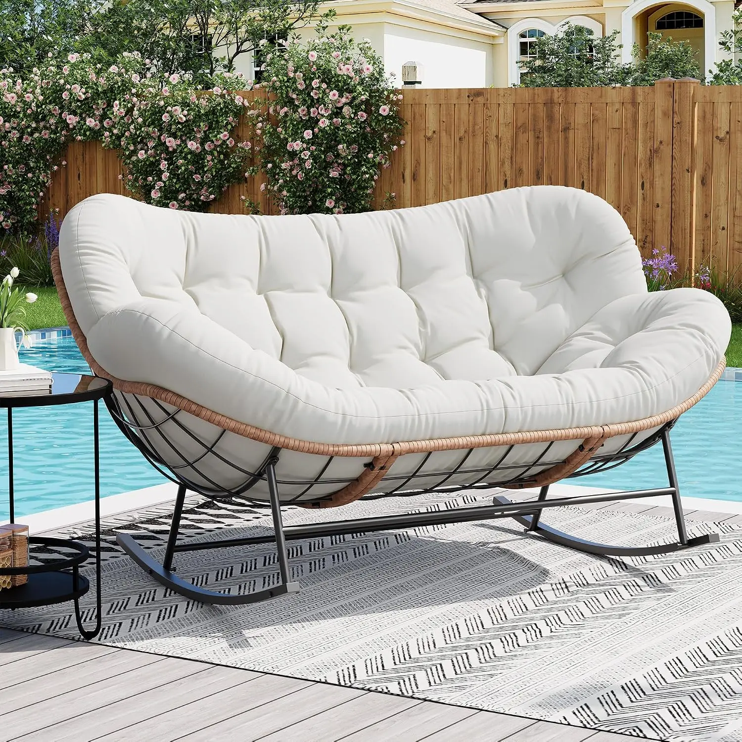 Garvee Outdoor Rocking Chair, Double Papasan Chair with Cushion | Patio Loveseat w/ 800 LBS Capacity Metal Frame, Comfortable Rocking Chair for Outdoor Seating & 2 Person