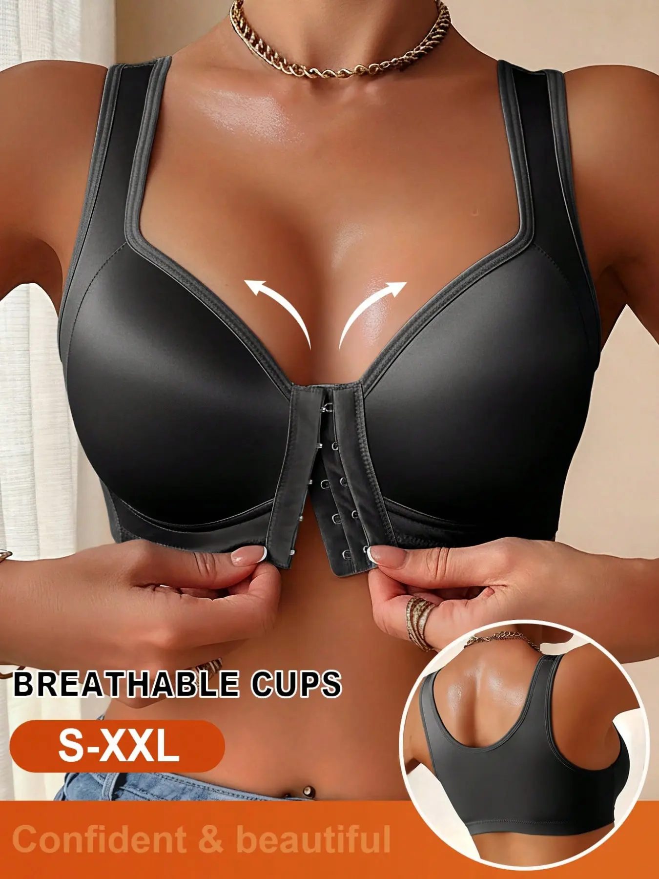 Women's Smooth Fabric Front Hook Push-Up Wire Free Bra, No Steel Cup Gathered Bust Anti-Sag Lifting Underwear, European Style