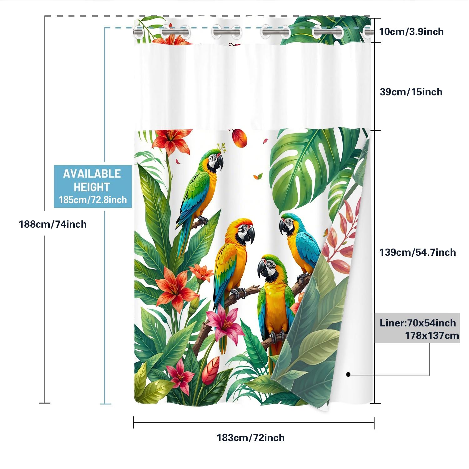 1PC double-layer large ring shower curtain, four parrots inhabit tropical plants, shower curtain, high-end quick drying hanging curtain, bathroom, curtain, waterproof, mildew proof curtain