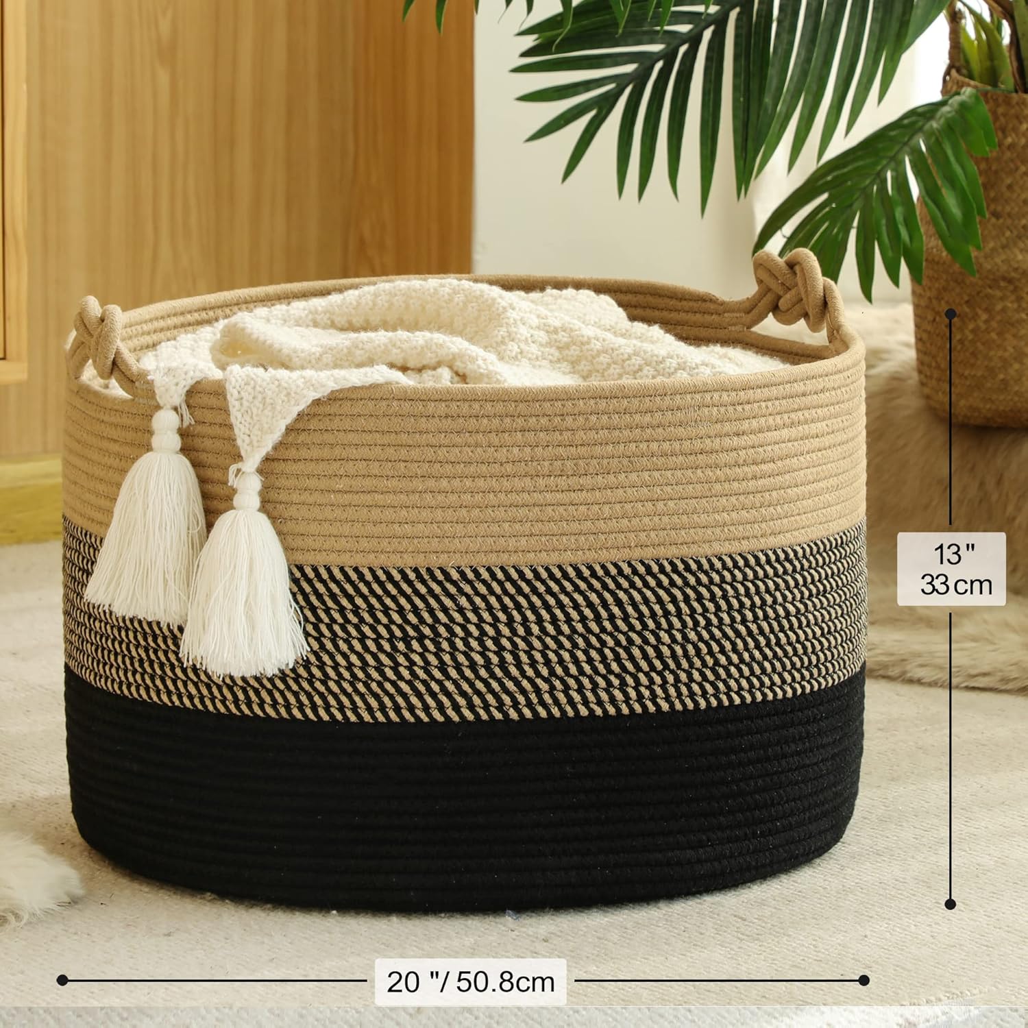 Large Blanket Basket (20"x13"),Woven Baskets for storage Baby Laundry Hamper, Cotton Rope Blanket Basket for Living Room, Laundry, Nursery, Pillows, Baby Toy chest