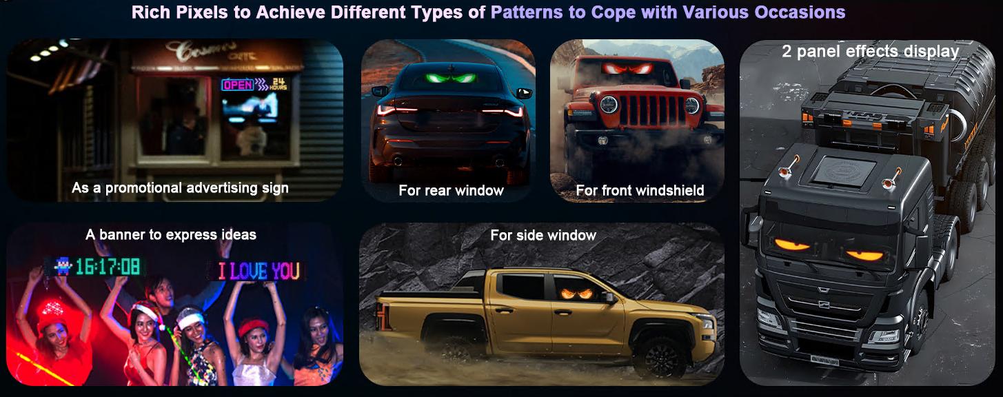 Wireless Programmable LED Sign,LED Windshield Display Eyes Lights, Programmable Flexible LED Matrix Panel, Smart APP Control Custom Animation Digital Sign, Devil Eye Soft Screen for Car Decals led lights for cars