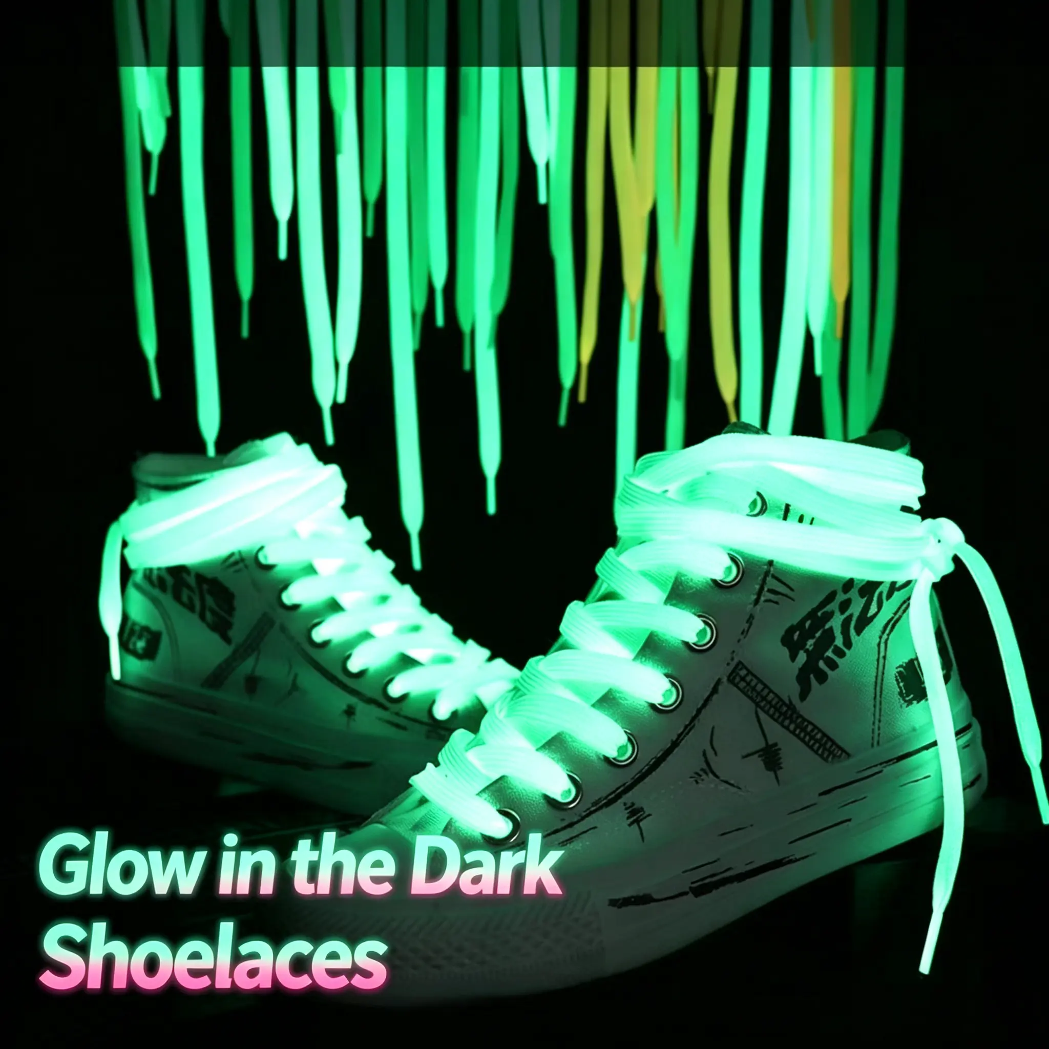 Glow in the Dark Flat Shoelaces, Wide Double Layer Shoe Laces for Sneakers & Canvas Shoes, Luminous Replacement Shoelaces, Colorful Athletic Shoe Strings