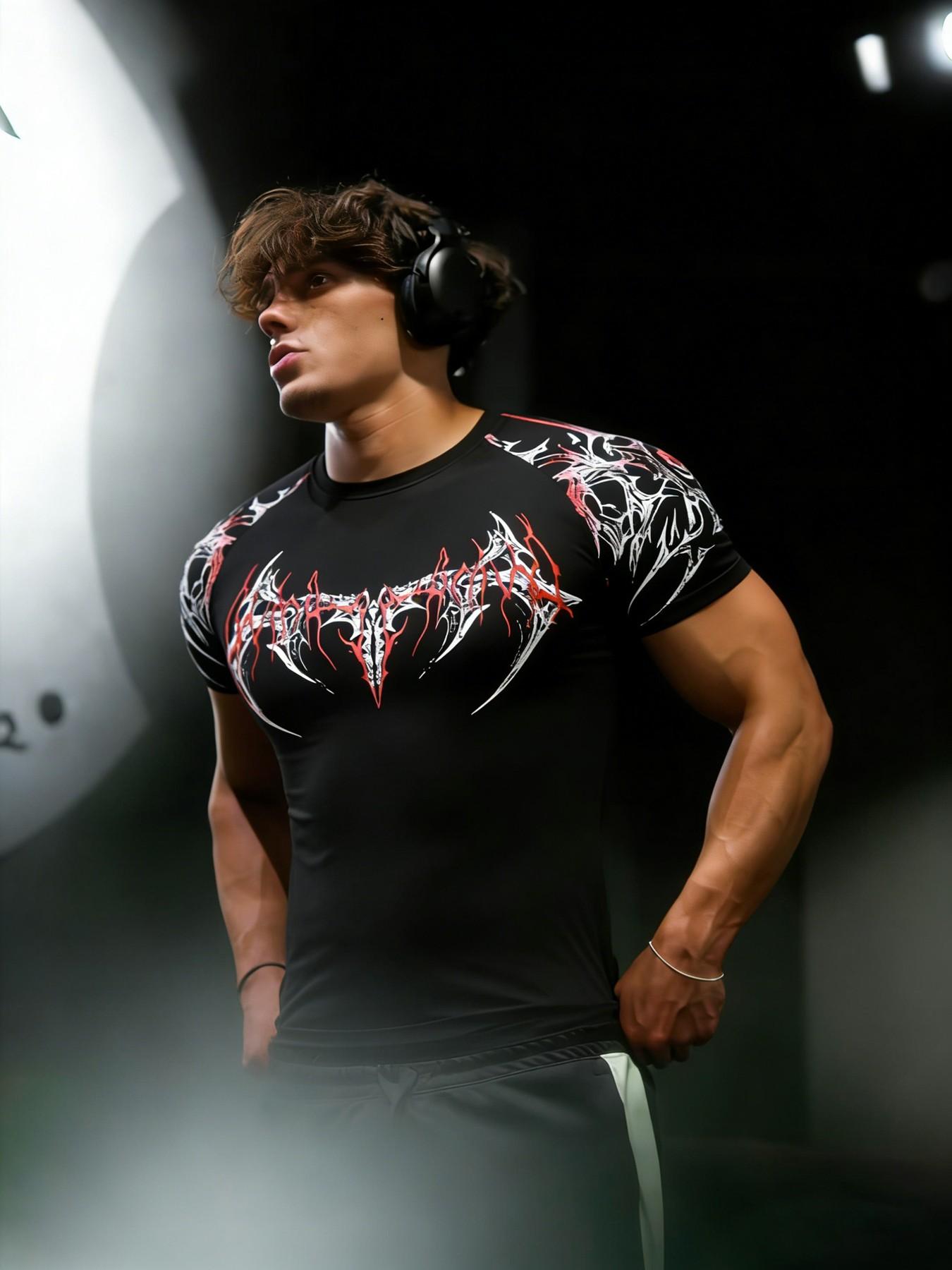 Men's Fitness T-Shirt with Thorn Print, High Elasticity Quick-Dry Fabric, Slim Fit for Gym Training, Casual Long Sleeve Top