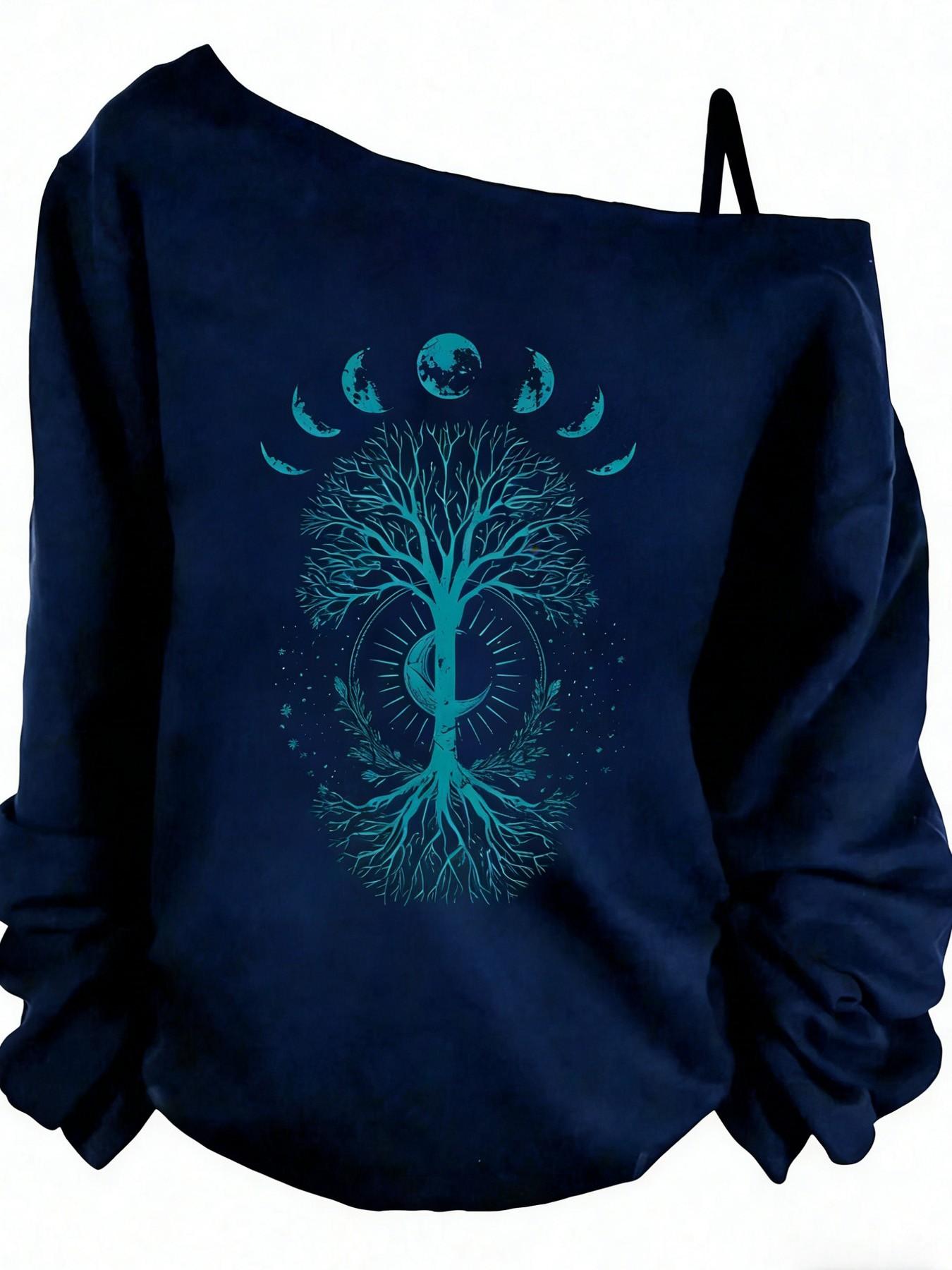 Women's Off-Shoulder Slouchy Casual Sweatshirt, Moon Phase Tree of Life Print, Oversized Pullover, Boho Occult Graphic, Women's Tops, Womenswear, Spring&fall