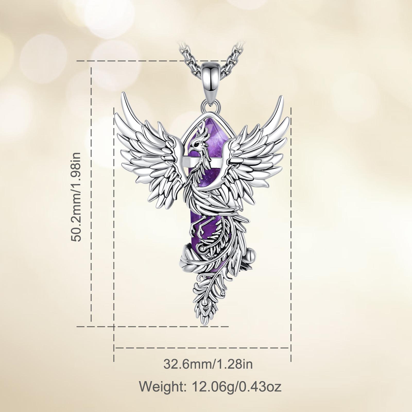 Natural Crystal Phoenix Necklace, Silver Bird of Rebirth Pendant, Healing Amethyst Pink Quartz, Handmade Spiritual Jewelry for New Beginnings