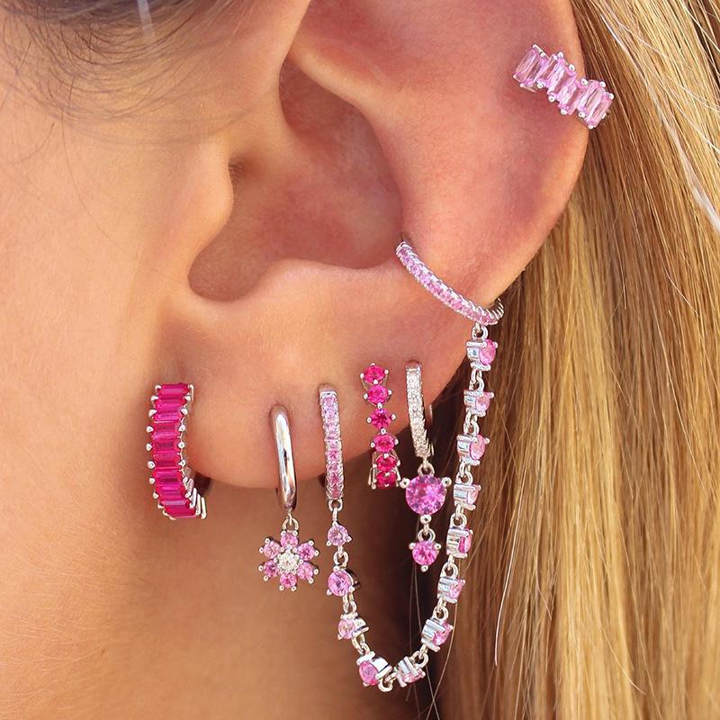 Pink Diamond Earring Set, Gold Plated Pink CZ Hoop Earrings Dangle Earrings, Y2K Stackable Ear Piercing Jewelry for Women