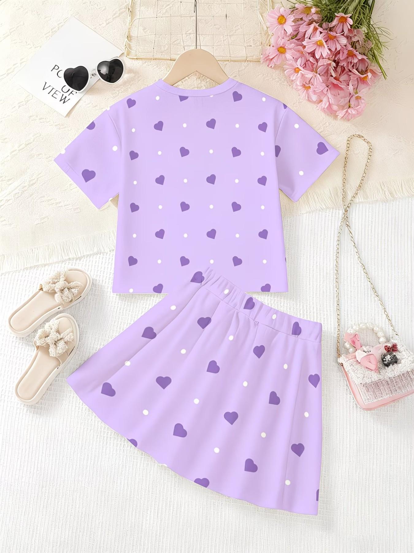 Girls' 3D Printed Capybara Heart Pattern Top and Skirt Set, Summer Casual Slim-Fitting Round Neck Short Sleeve