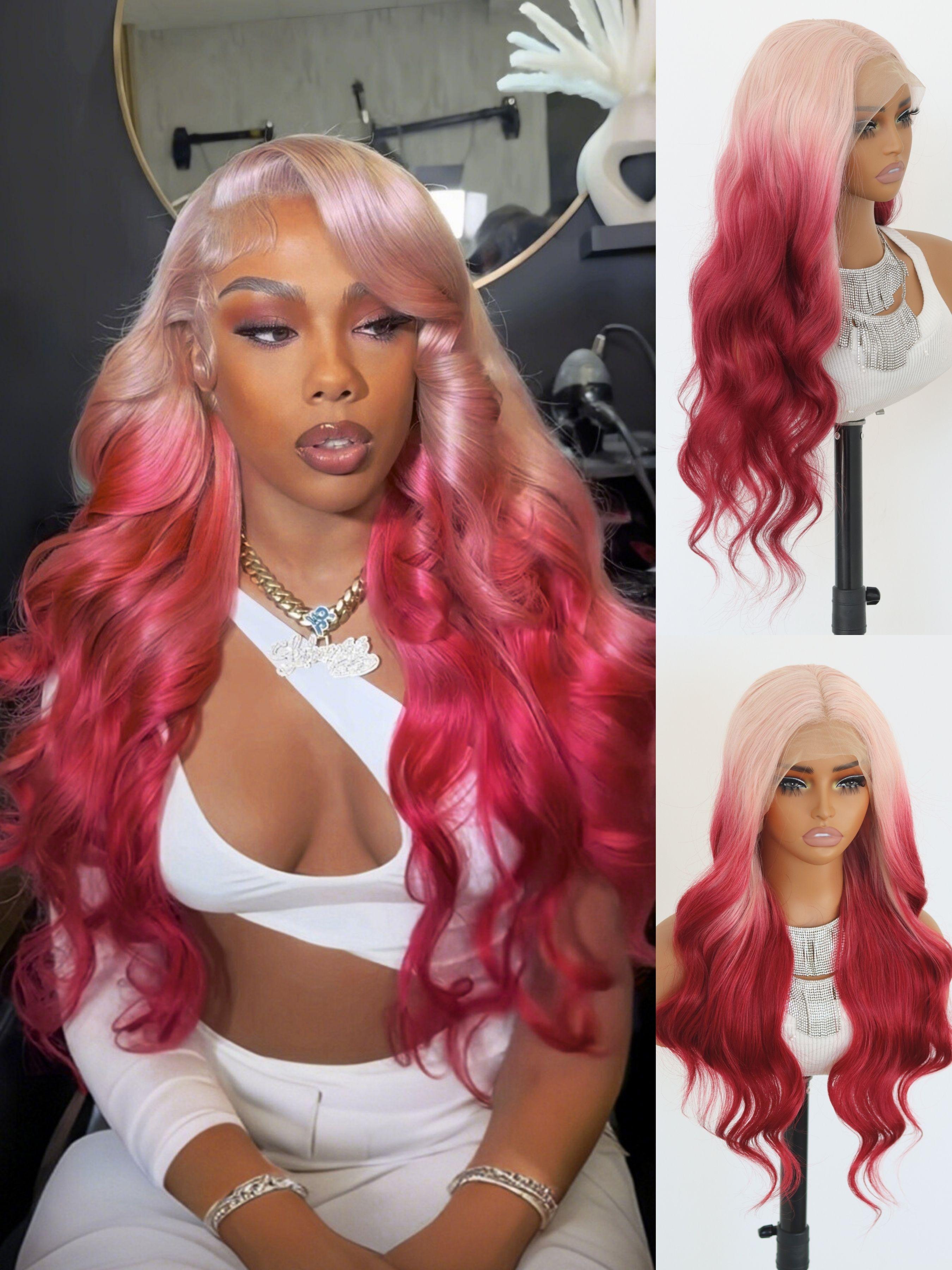 MADDIE 28” Pink with dark roots LaceFront Wig ? Hot Pink 13×4 Lace Front Wigs Pre Plucked Body Wave Wig 28  main image 4