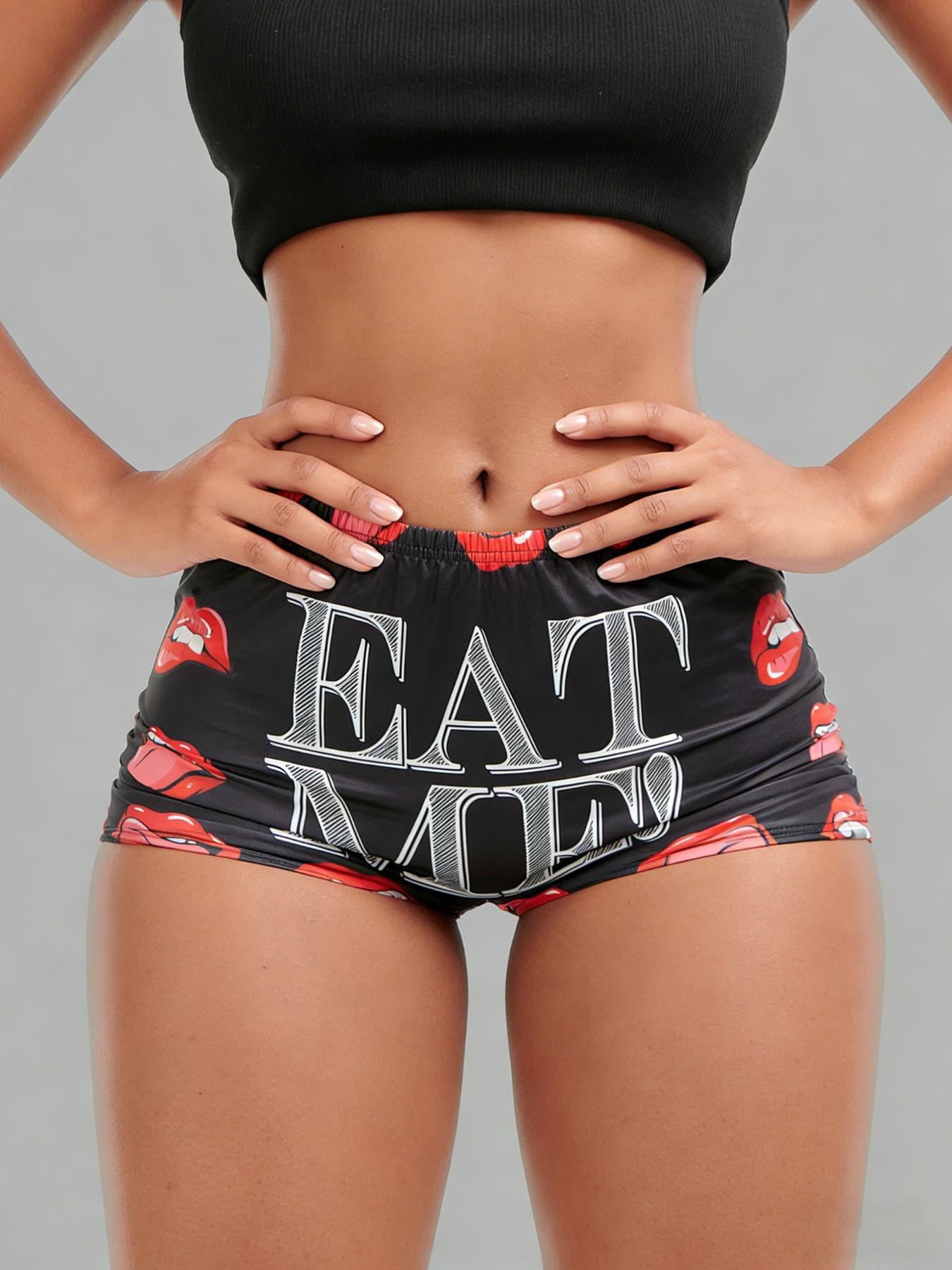 Women's All Over Letter & Lips Print Elastic Waist Shorts, Casual Comfy Breathable Graphic Print Shorts for Summer, Ladies Bottoms for Daily Wear