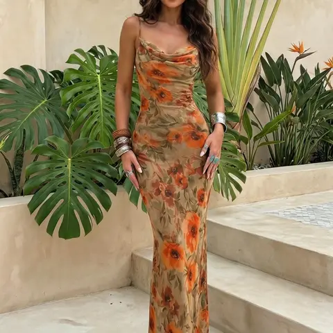 Women's Vintage Floral Print Halter Long Dress, Slim-Fitting Fish Tail Dress, Beach Wedding Party, Elegant Style, Strap Dress