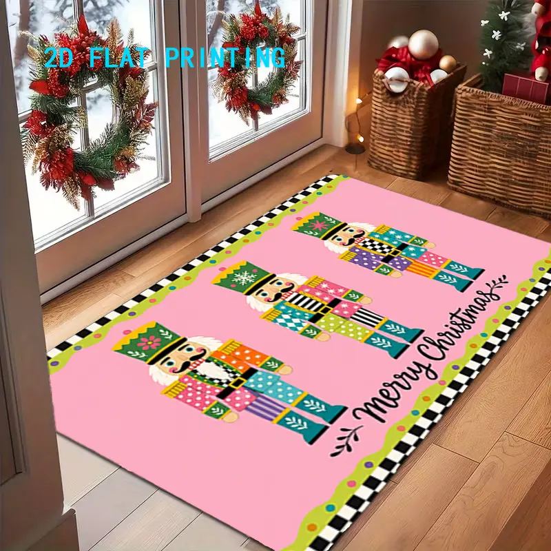 Flannel Floor Mat, 1 piece, pink Christmas Nutcracker-themed doormat, non-slip, machine washable, easy-to-clean polyester rug, suitable for home and outdoor decoration, ideal for entryways, bedrooms, and balconies, a great gift and home decor item