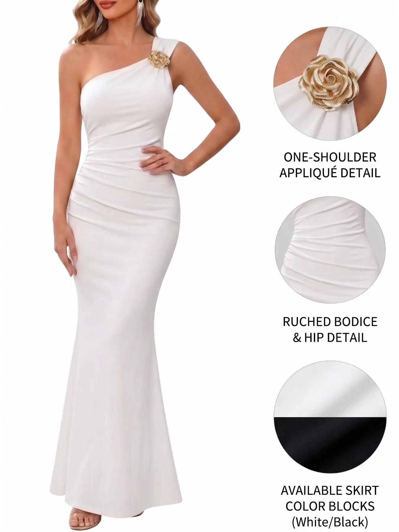 Women's Elegant Asymmetric Neckline Ruched Fishtail Maxi Dress with Brooch | Slim-Fitting All-Season Formal Evening Party Outfit