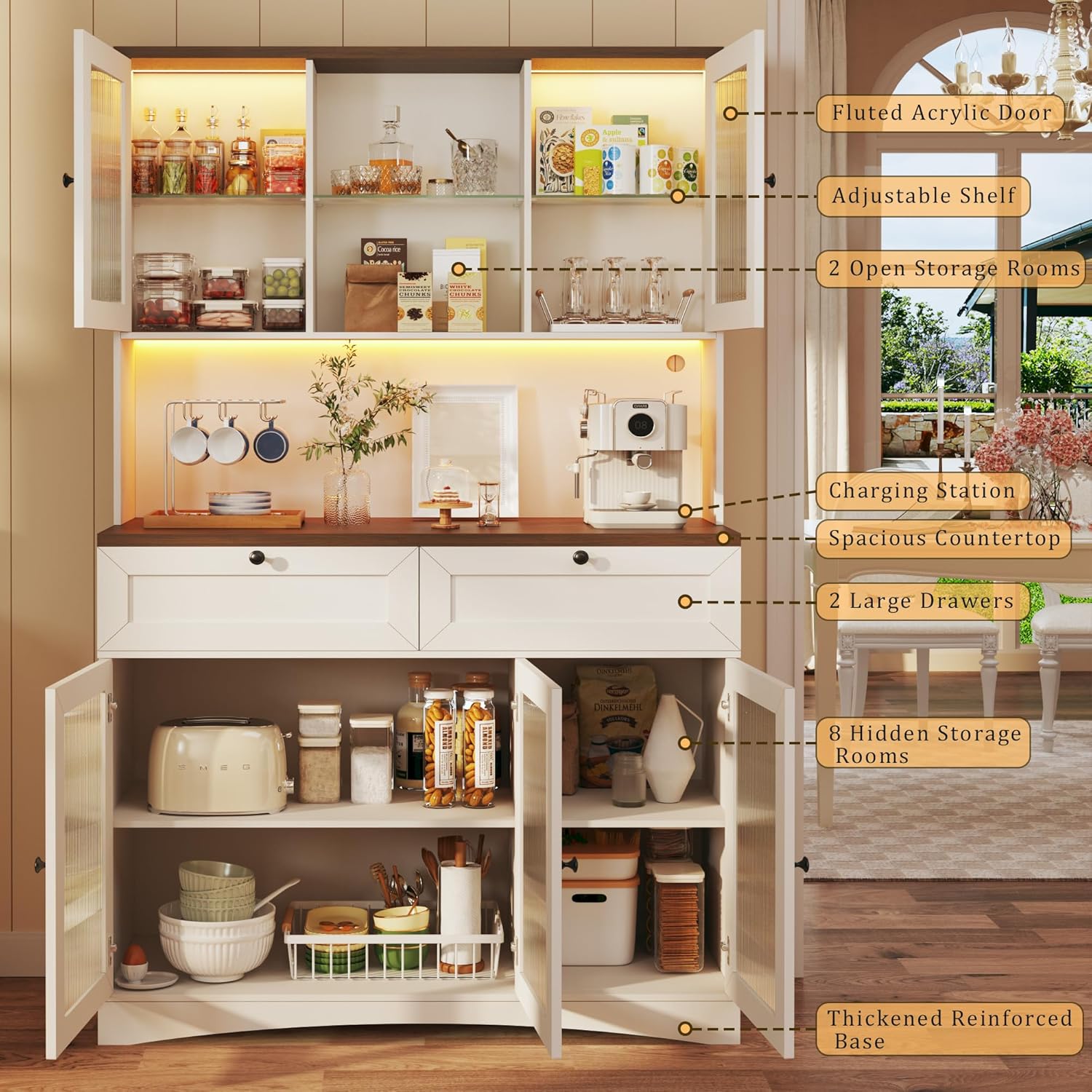 71" Kitchen Pantry Cabinet with Lights & Glass Doors, Pantry Storage Cabinet with Microwave Stand, Kitchen Hutch Food Cabinets with Charging Station, Adjustable Shelves, White