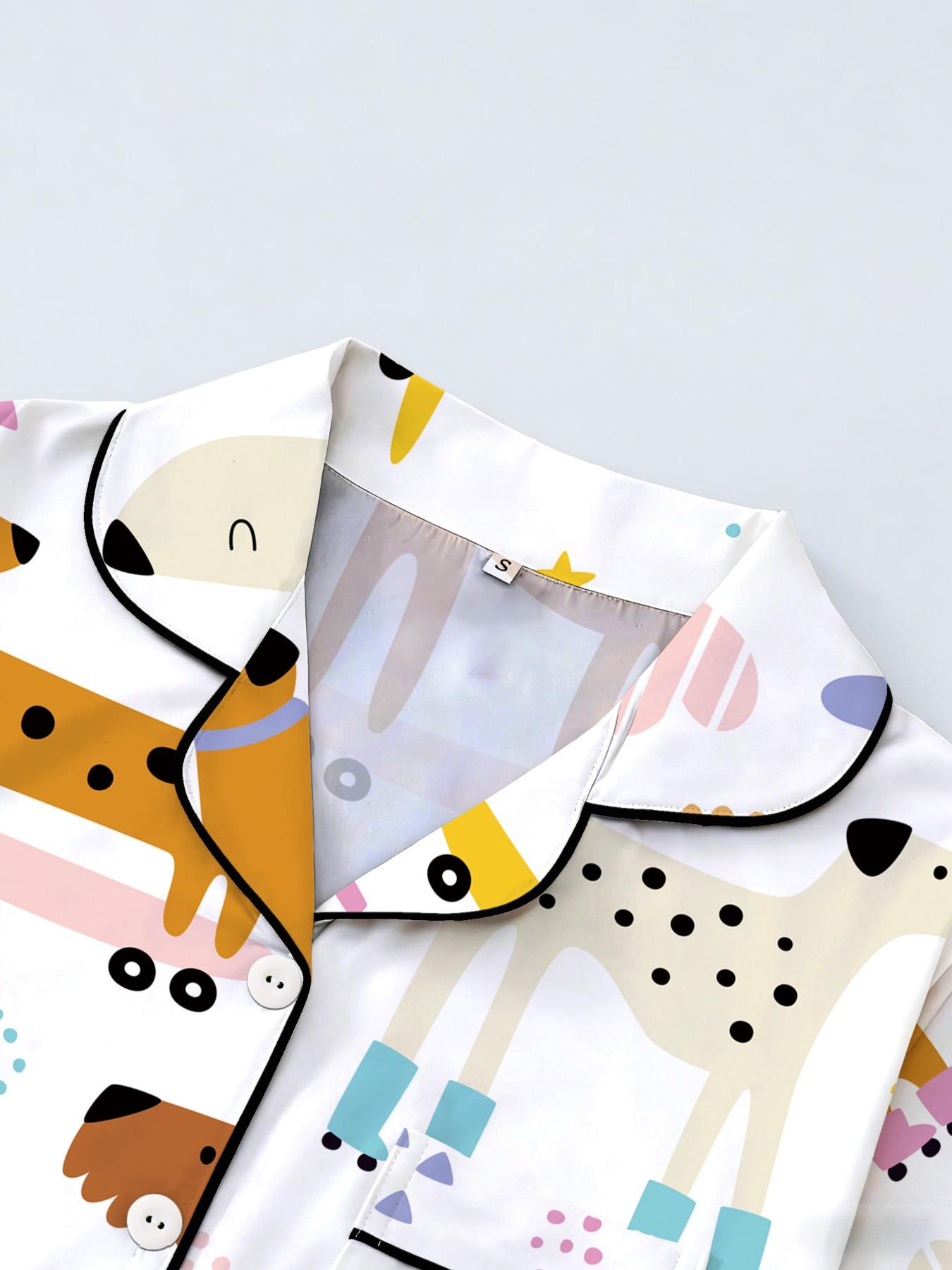 Women's Short Sleeve Button Down Top and Shorts Pajama Set, Spring Summer Wear, For Unique Style Lovers, White Base One Of A Kind Print, Classic Lapel Collar, Loose Fit, Comfortable For Home & Gatherings