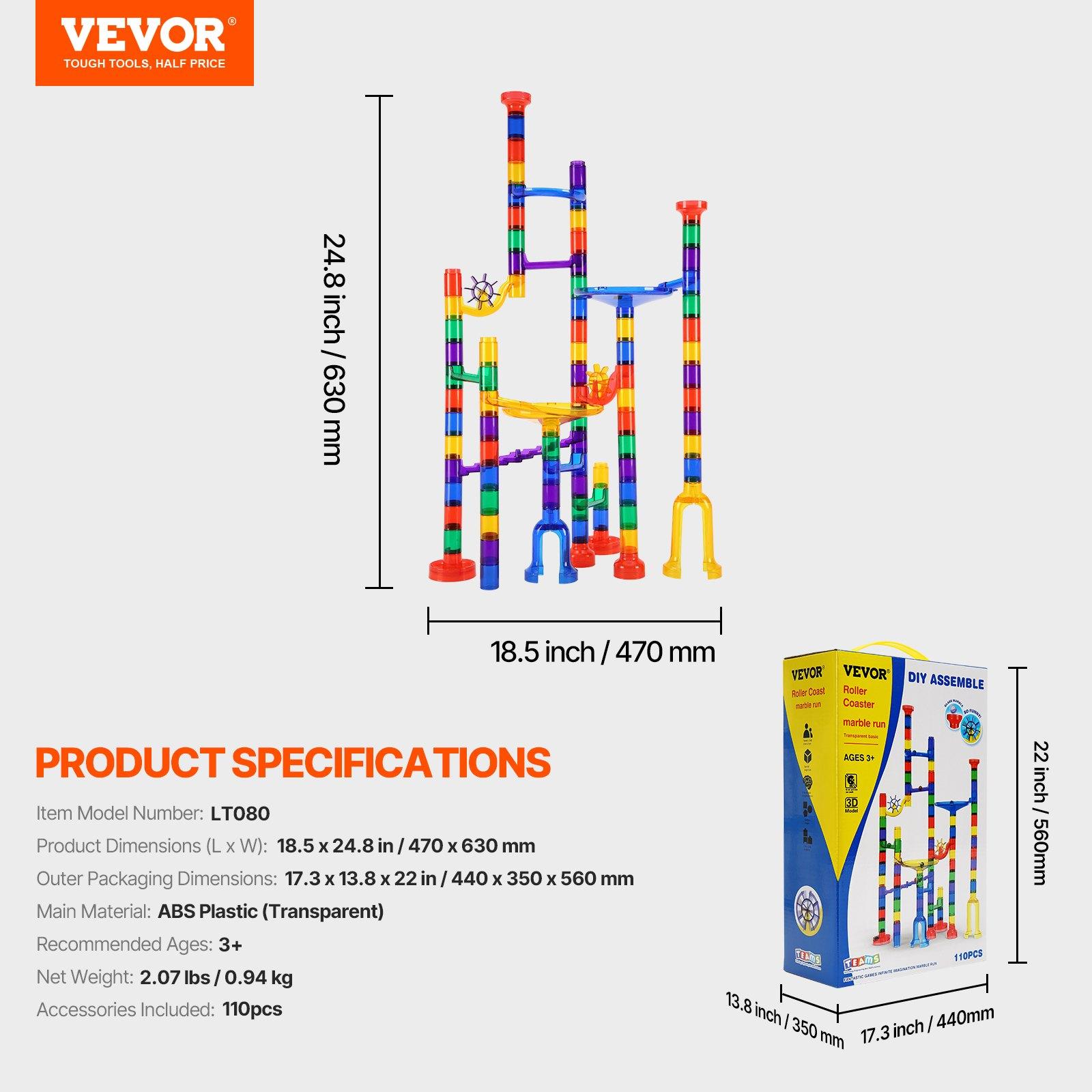 VEVOR Marble Run Set, 110 Piece Marble Maze Building Block Brain Game, with 10 Glow in the Dark Marbles + 20 Glass Marbles, Educational Learning Race Track STEM Toys, for Kids, Boys, Girls Ages 3 +