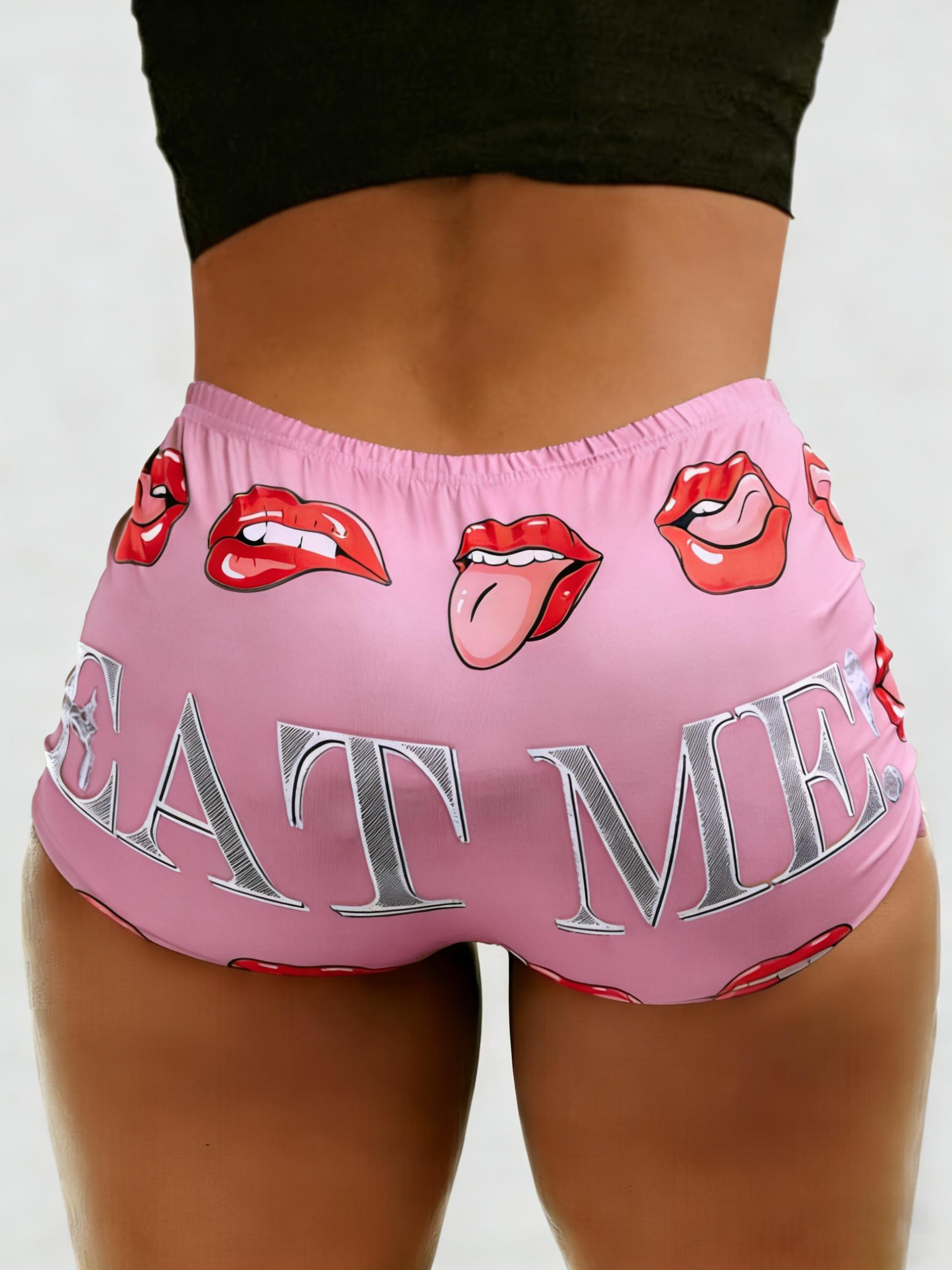 Women's All Over Letter & Lips Print Elastic Waist Shorts, Casual Comfy Breathable Graphic Print Shorts for Summer, Ladies Bottoms for Daily Wear