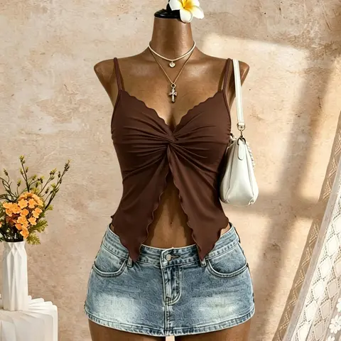 Women's Sexy Knot Halter Cami Top, Pleated V-Neck Casual Flattering Sleeveless Short Top, Sleeveless Sensual Silhouette, Split Hem, Fitted Millennium Party Dress, Casual Style