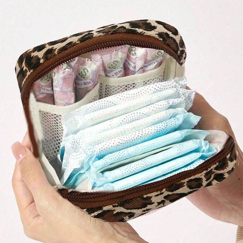 Leopard Print Sanitary Napkin Storage Bag, Portable Period Supplies Pouch with Zipper, Space Saving Home Organizer, Travel Essentials Carryall