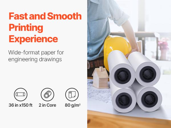 VEVOR Wide Format Paper, 36 inx 150 ft Plotter Paper, 4 Rolls CAD Bond Rolls with 2 in Core, 20 LB Bond Paper Rolls, Idea for CAD Drawings, Engineering Plans, GIS Maps Architectural Designs