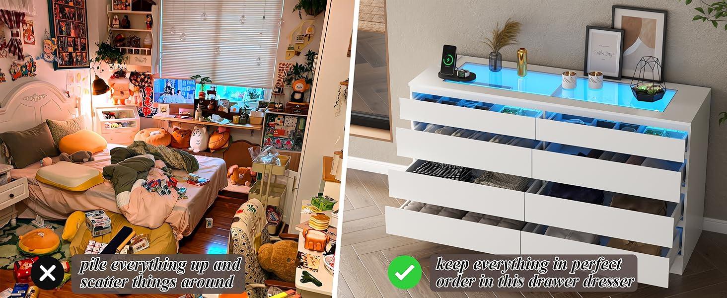 8 Drawer Dresser with Power Outlet and LED, White Dresser for Bedroom Chest of Drawer with Glass Top, Modern Double Wide Drawer Organizer Cabinet for Living Room